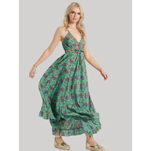 Rhea Flowy Boho Teal Floral Maxi Dress Sz XS-L One Size Open Back